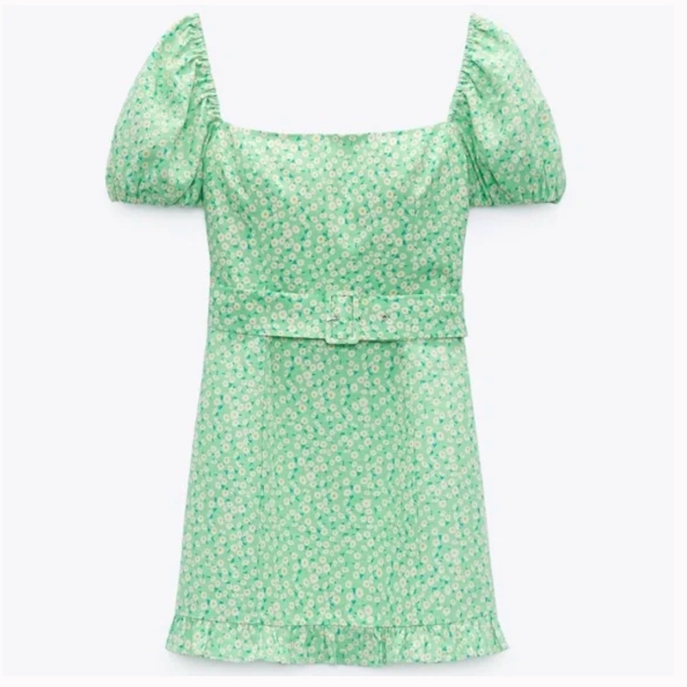 Zara Green Floral Linen Mini Dress Size XS